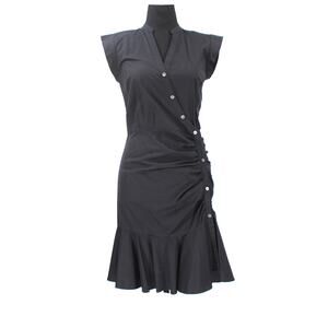 Veronica Beard Bell Black Ruched Up Poplin Shirt Dress 2 Pleated V-Neck Cotton